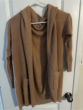 Hooded Open-Front Waffle Knit Cardigan - Taupe